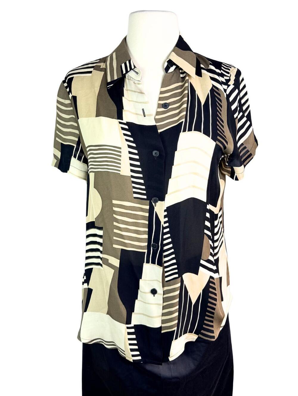 Linda Allard Ellen Tracy 100% Silk Geometric Print Button Up Blouse Size 6